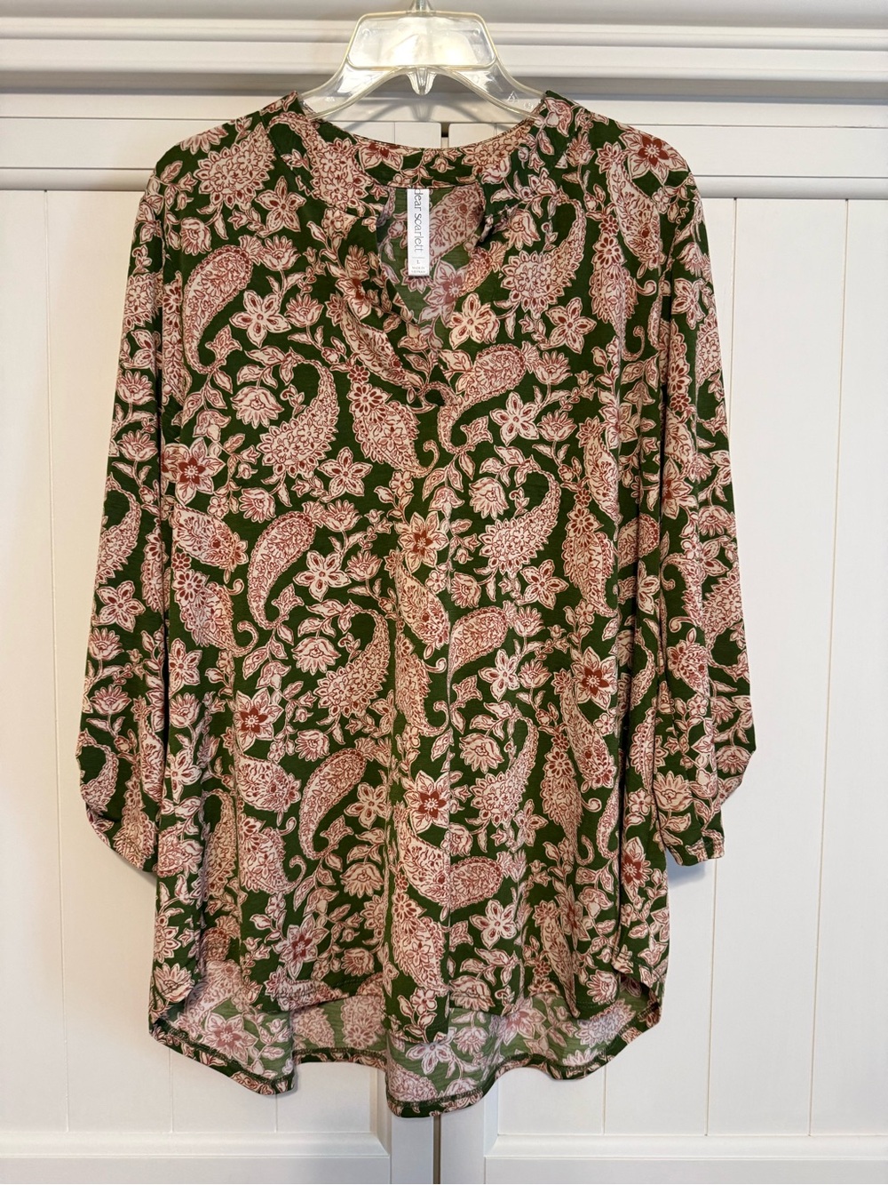 Dear Scarlet Kensie Olive and Pink Paisley Floral Tunic EUC